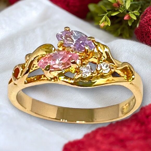 Vintage Ring Size 8 Pink Purple Clear Cubic Zirconia Gold Plate Mid-Century 14L - Picture 3 of 10